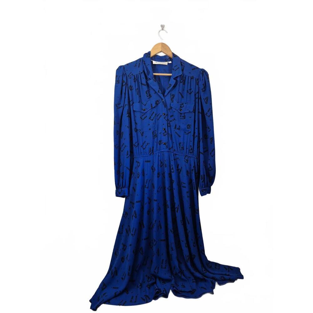 Chaus Vintage Ladies Royal Blue Black Abstract Print Dress A-Line Midi Styl